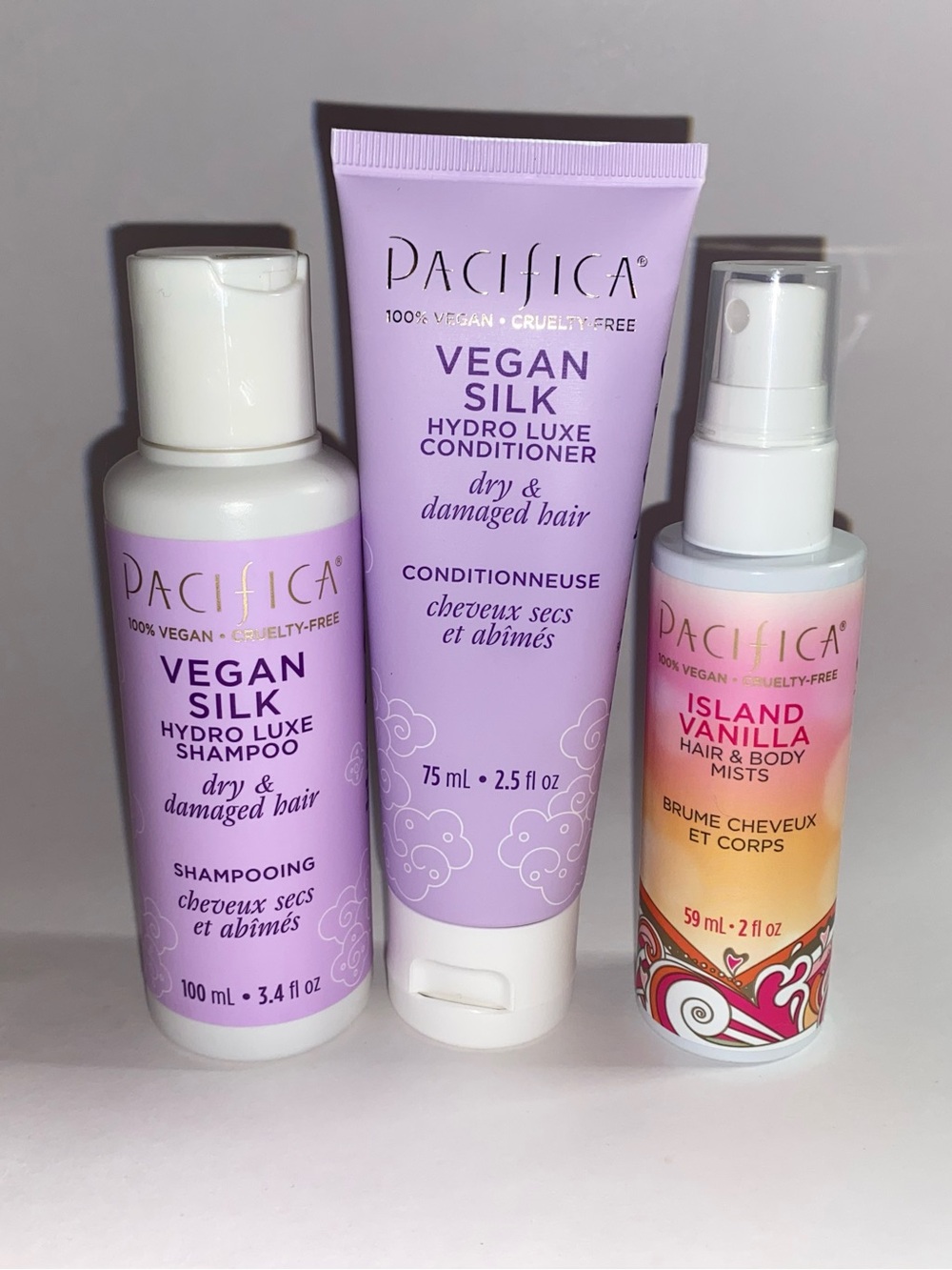 Pacifica Vegan Silk Shampoo 3.4 oz & Conditioner 2.5 oz & Island Vanilla Spray